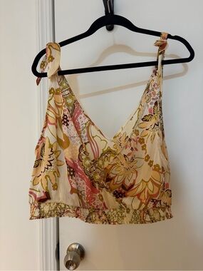 Free People Floral Tie-Shoulder Cropped Tank in Cream, Pink, Olive
